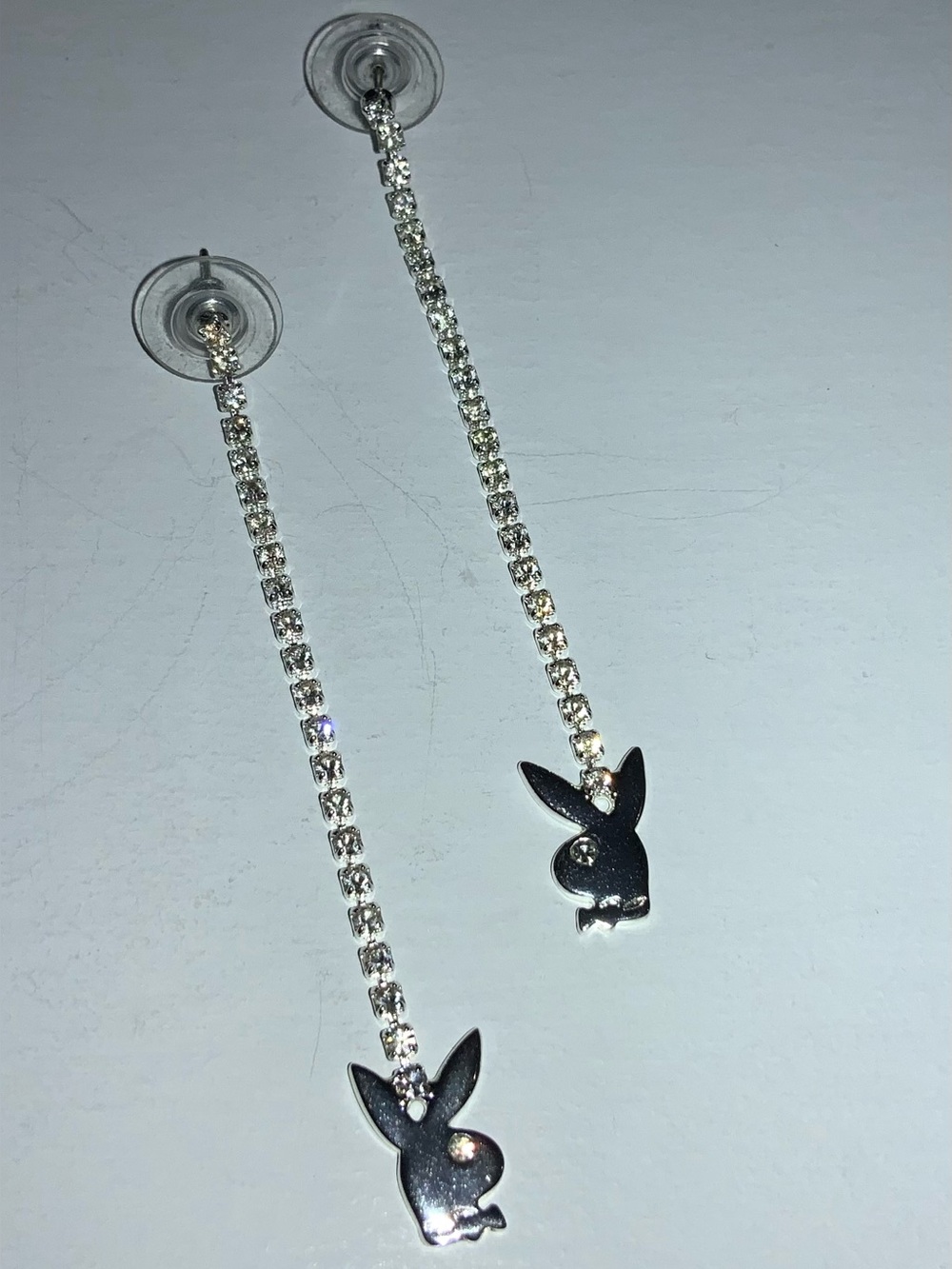Playboy Silver Crystal Drop Earrings - Silver Rhinestone Dangle